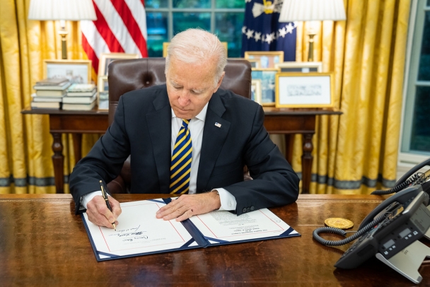 President Joe Biden, shown in the Oval Office of the White House on Nov. 12, 2021, signed the Bipartisan Infrastructure Law last November. Official White House Photo by Adam Schultz.
